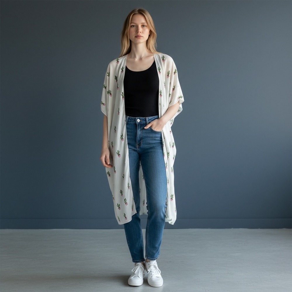 Buddy‎ Love Cactus Print Kimono Wrap Cardigan White Bamboo-2 Size ML CG2214